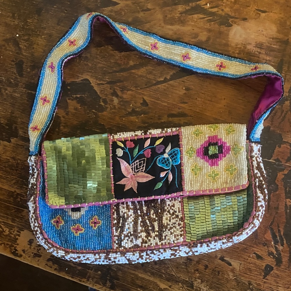 Multicolor Beaded Floral Shoulder Bag